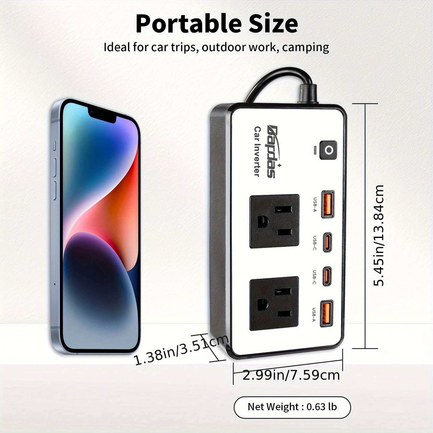 Car Inverter 200W DC 12V to AC 110V with Dual AC Outlets 24W USB-C Fast Charging 4 USB Ports Portable Laptop Phone Charger Adapter for Car Truck RV Travel