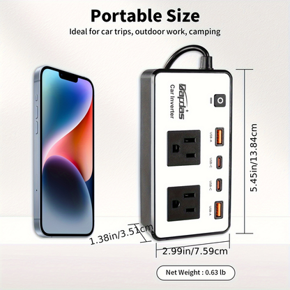 Car Inverter 200W DC 12V to AC 110V with Dual AC Outlets 24W USB-C Fast Charging 4 USB Ports Portable Laptop Phone Charger Adapter for Car Truck RV Travel