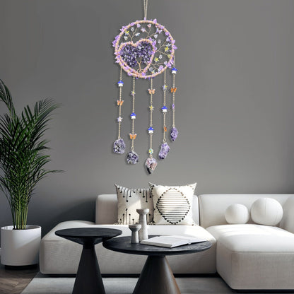 Round Beaded Wall Hanging Decor in Purple, Pink or Green with Heart Charms and Five Hanging Strands