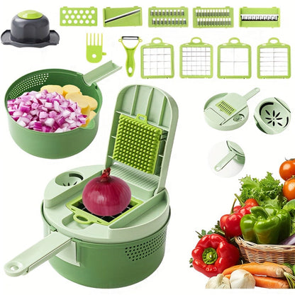 16-in-1 Green Vegetable Chopper with Round Container, Grid Dicing Plates, Slicer, Grater and Peeler Pieces