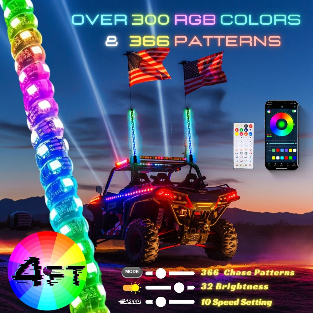 RGB LED Whip Lights for UTV ATV – 1ft/2ft/3ft/4ft Spiral Color Changing Neon Light Whips with Remote & App Control, Music Sync, for RZR SXS Dune Buggy Off-Road Truck (2pcs, No Spring Base)