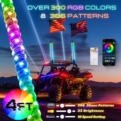 RGB LED Whip Lights for UTV ATV – 1ft/2ft/3ft/4ft Spiral Color Changing Neon Light Whips with Remote & App Control, Music Sync, for RZR SXS Dune Buggy Off-Road Truck (2pcs, No Spring Base)
