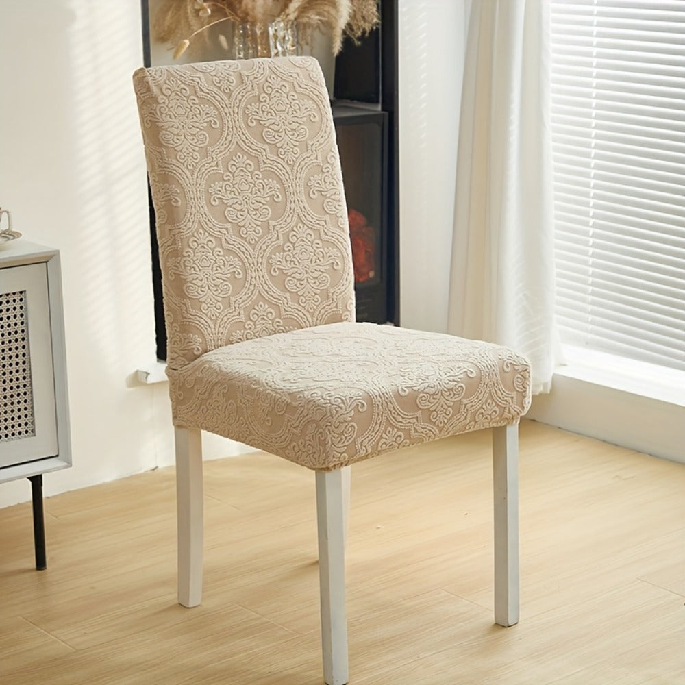 Paisley Stretch Velvet Dining Chair Covers in Off White, Light Gray, Deep Gray or Khaki, Four- or Six-Piece Sets