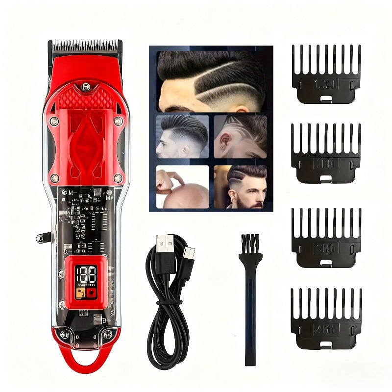 Transparent-Shell Hair Clipper with Digital Display, Six Single-Clipper Colors or Black Three-Piece Grooming Kit