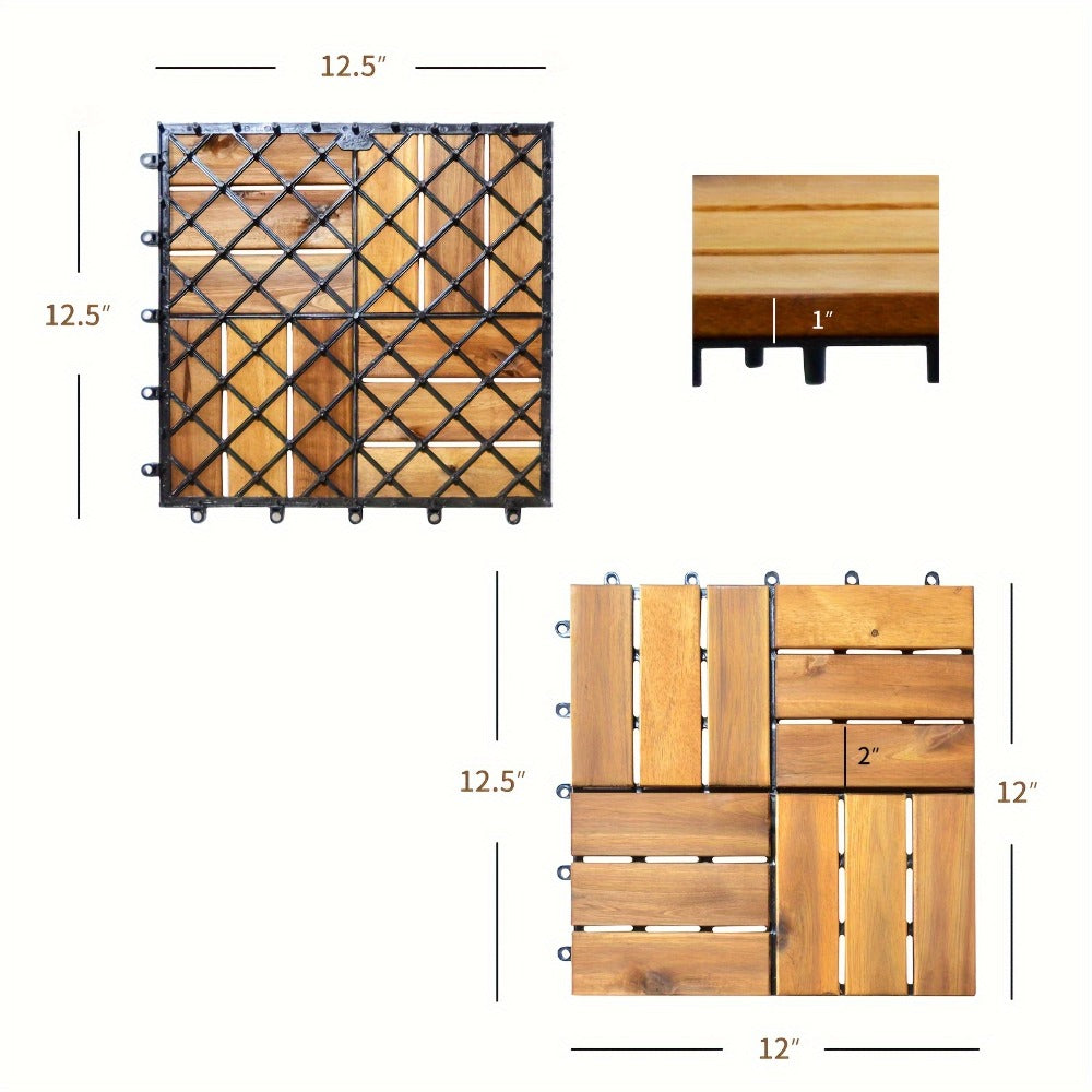 Interlocking Acacia Wood Deck Tiles, 27-Pack of 12-Inch Slatted Squares for Patio, Balcony or Indoor Floors