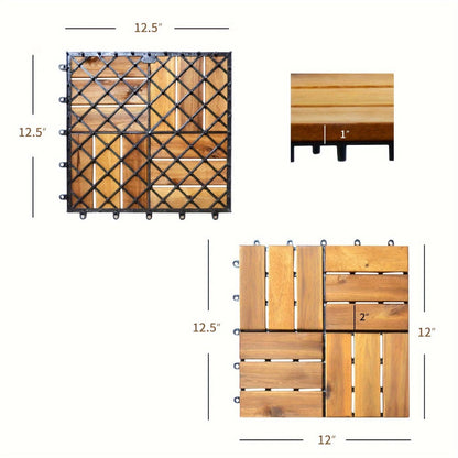 Interlocking Acacia Wood Deck Tiles, 27-Pack of 12-Inch Slatted Squares for Patio, Balcony or Indoor Floors