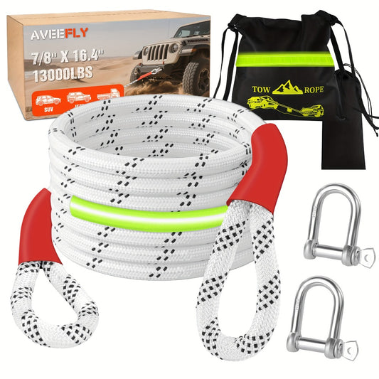 Recovery Tow Strap Kit 45000 LBS Break Strength – 7/8" x 30ft Polyester Rope, 2 D-Ring Shackles, Reflective Flag & Storage Bag, for Truck Jeep SUV ATV UTV Boat Off-Road