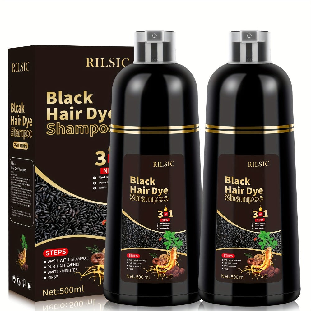 Herbal Hair Dye Shampoo 3-in-1 with Plant Squalene 2pcs 16.91oz — Instant Gray Hair Coverage, Natural Color in Minutes, Brown Dark Brown & Black, Unisex Men & Women