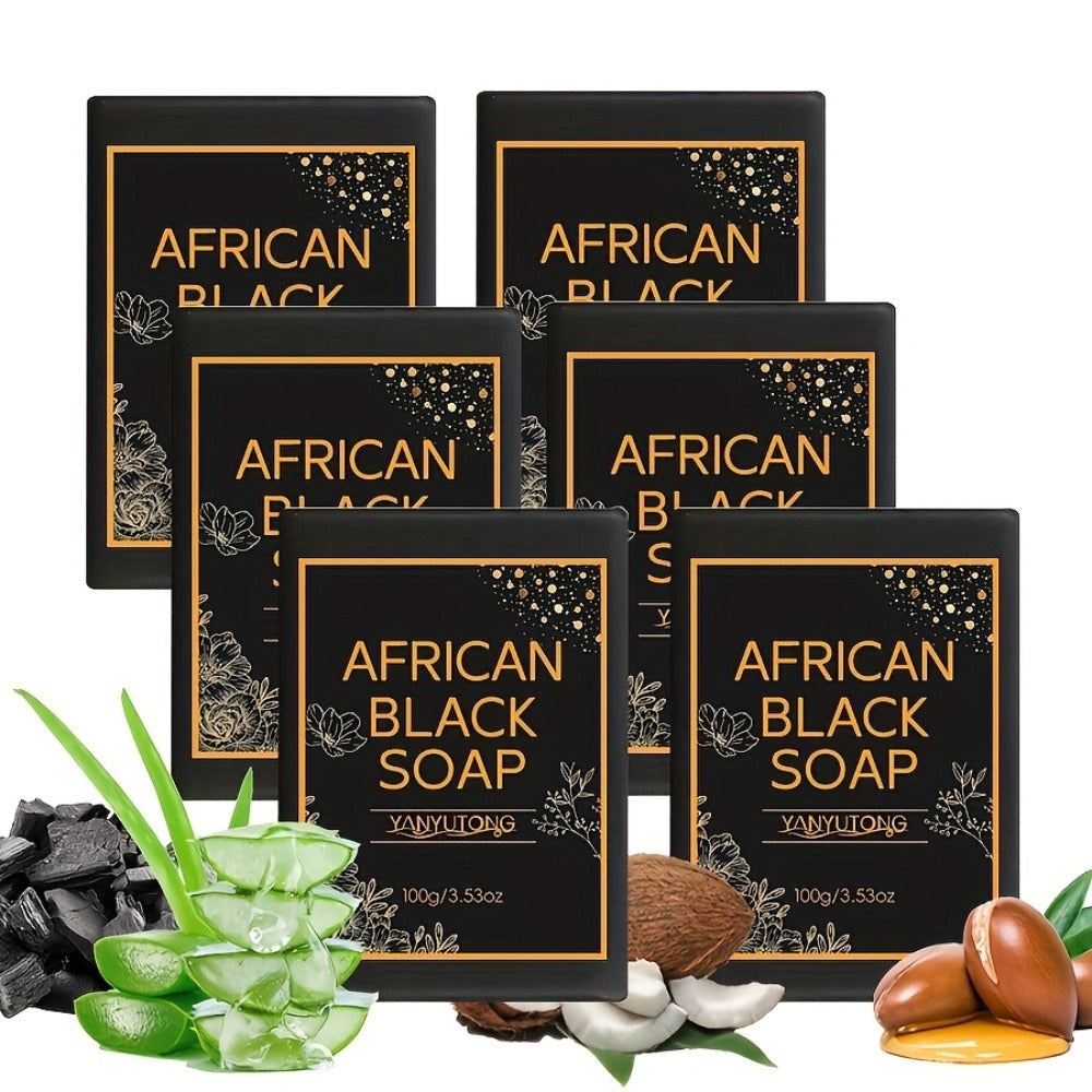 African Black Bar Soap in Three- or Six-Bar Packs with 100g Labels and Coconut, Olive and Shea Ingredients