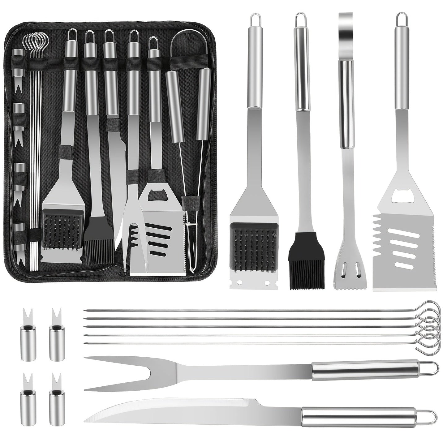 15- or 24-Piece BBQ Tool Set with Spatula, Tongs, Forks, Skewers, Brushes and Carry Case Pictured