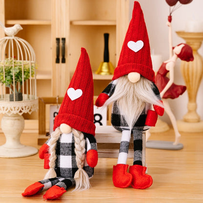 Sitting Gnome Figurine Set of Two with Long Heart-Accent Hats in Black, Khaki or Red Style Options