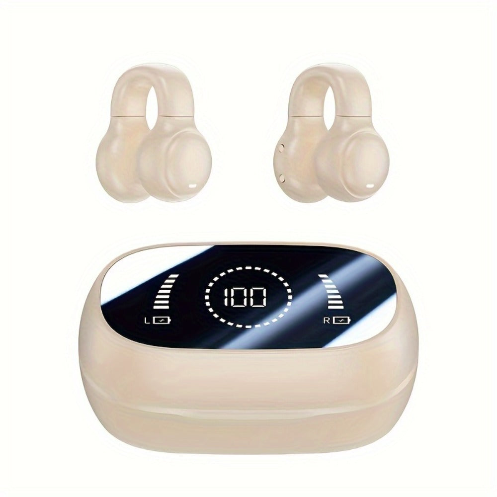 Open Ear Clip Earbuds TWS Wireless Bluetooth – LED Digital Display Charging Case, Intelligent Noise Cancelling, Hi-Fi Stereo, Long Range, Sports Gaming Daily Use, Black Beige