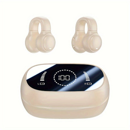 Open Ear Clip Earbuds TWS Wireless Bluetooth – LED Digital Display Charging Case, Intelligent Noise Cancelling, Hi-Fi Stereo, Long Range, Sports Gaming Daily Use, Black Beige