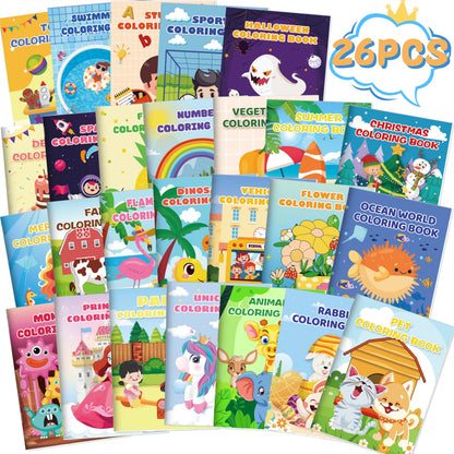 Twenty-Six Mini Coloring Books for Kids with Dinosaur, Mermaid, Animal, Food and Activity Themes