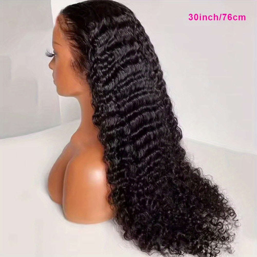 250% Density Deep Wave Wig 13x4 HD Lace Front Human Hair Glueless Wear and Go – Pre-Plucked Pre-Cut Natural Black Long Curly Wig for Women 28 34 Inch Beginner Friendly Protective Style