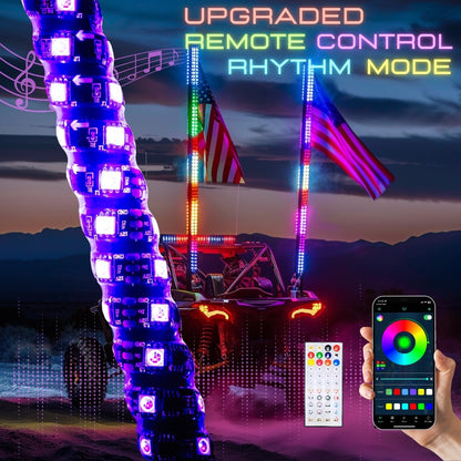 RGB LED Whip Lights for UTV ATV – 1ft/2ft/3ft/4ft Spiral Color Changing Neon Light Whips with Remote & App Control, Music Sync, for RZR SXS Dune Buggy Off-Road Truck (2pcs, No Spring Base)
