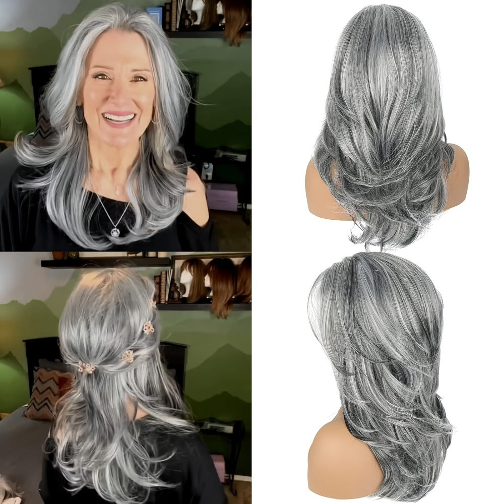 Synthetic Wig 18-Inch Layered Silvery Waves with Highlights in Two Colors and Rose Net Cap