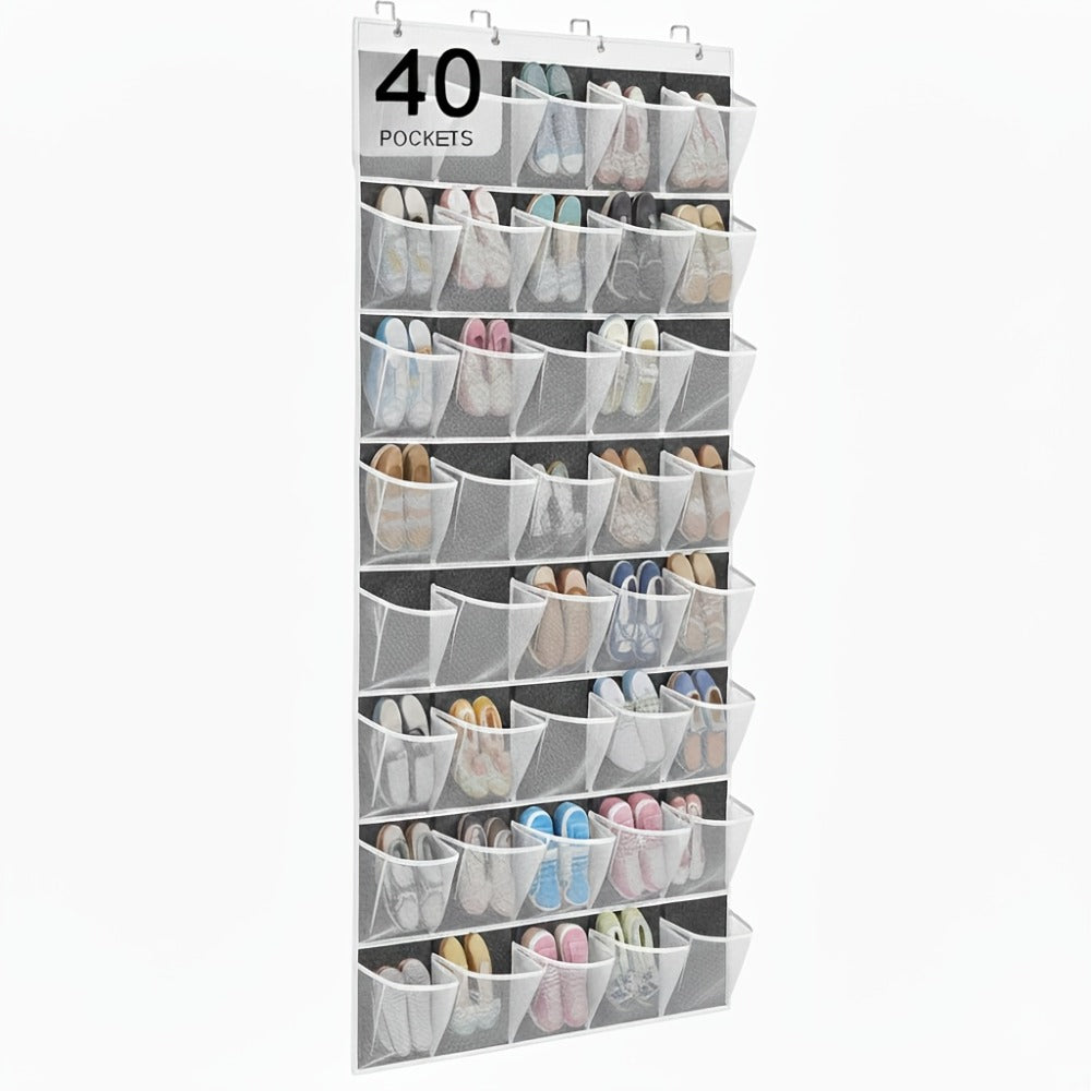 Over the Door Shoe Organizer 40 Pockets with 4 Hooks – Durable Fabric Hanging Shoe Storage for Closet, Entryway & Bedroom – Space-Saving Door Shoe Rack in Gray, White & Black