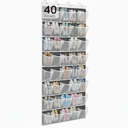 Over the Door Shoe Organizer 40 Pockets with 4 Hooks – Durable Fabric Hanging Shoe Storage for Closet, Entryway & Bedroom – Space-Saving Door Shoe Rack in Gray, White & Black