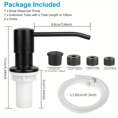 Built-In Black Sink Soap Dispenser with 47-Inch Extension Tube, Four Bottle Caps and Deck-Mount Pump