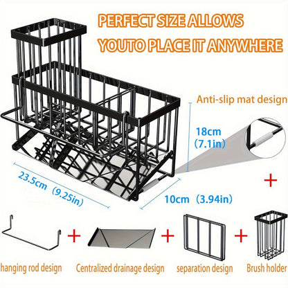 Black Sink Caddy with Drain Tray, Hanging Dishcloth Bar, Brush Holder and 23.5 cm Countertop Width