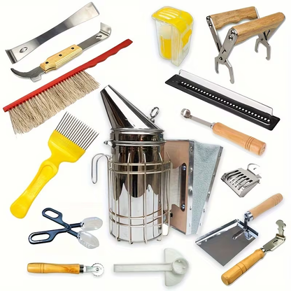 Beekeeping Tool Kit 15PCS - Smoker, Brush, Hive Scraper, Queen Catcher & More