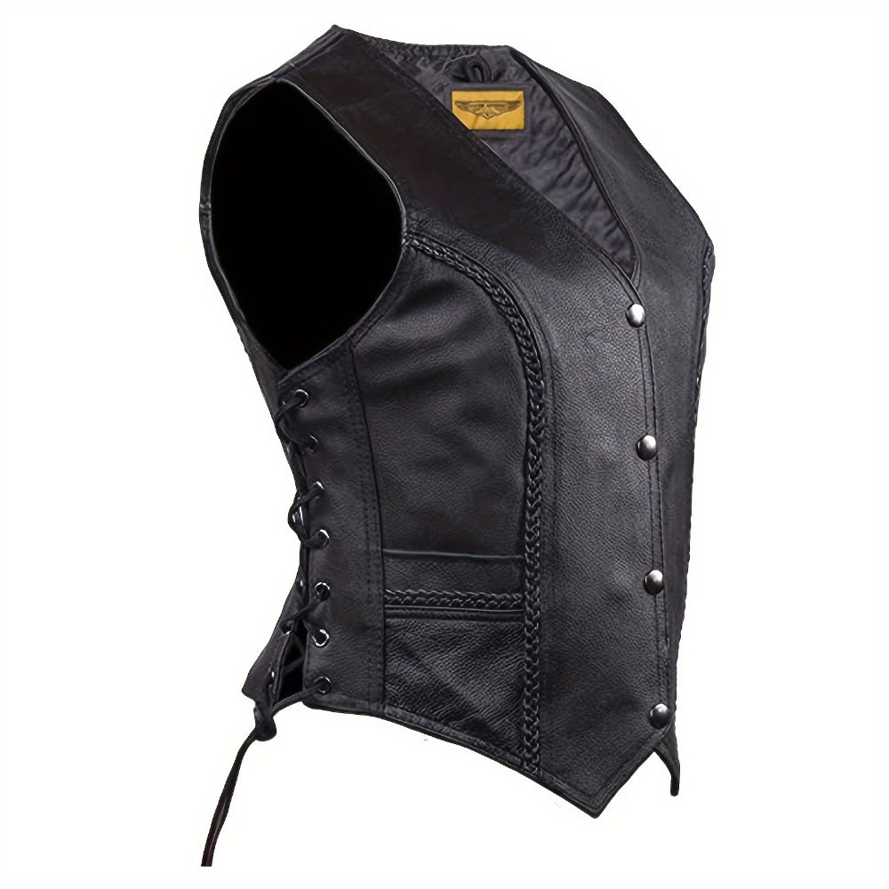 Women's Leather Motorcycle Vest – Concealed Carry Pockets, Lace-Up Sides, Metal Eyelet Accents, Adjustable Straps, Edgy Biker Style, Black, Sizes XS to XXXXXL