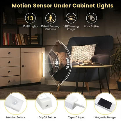 Night Light Motion Sensor LED Bar with USB Rechargeable 400mAh Battery, Three Brightness Levels and Six Size-Pack Options