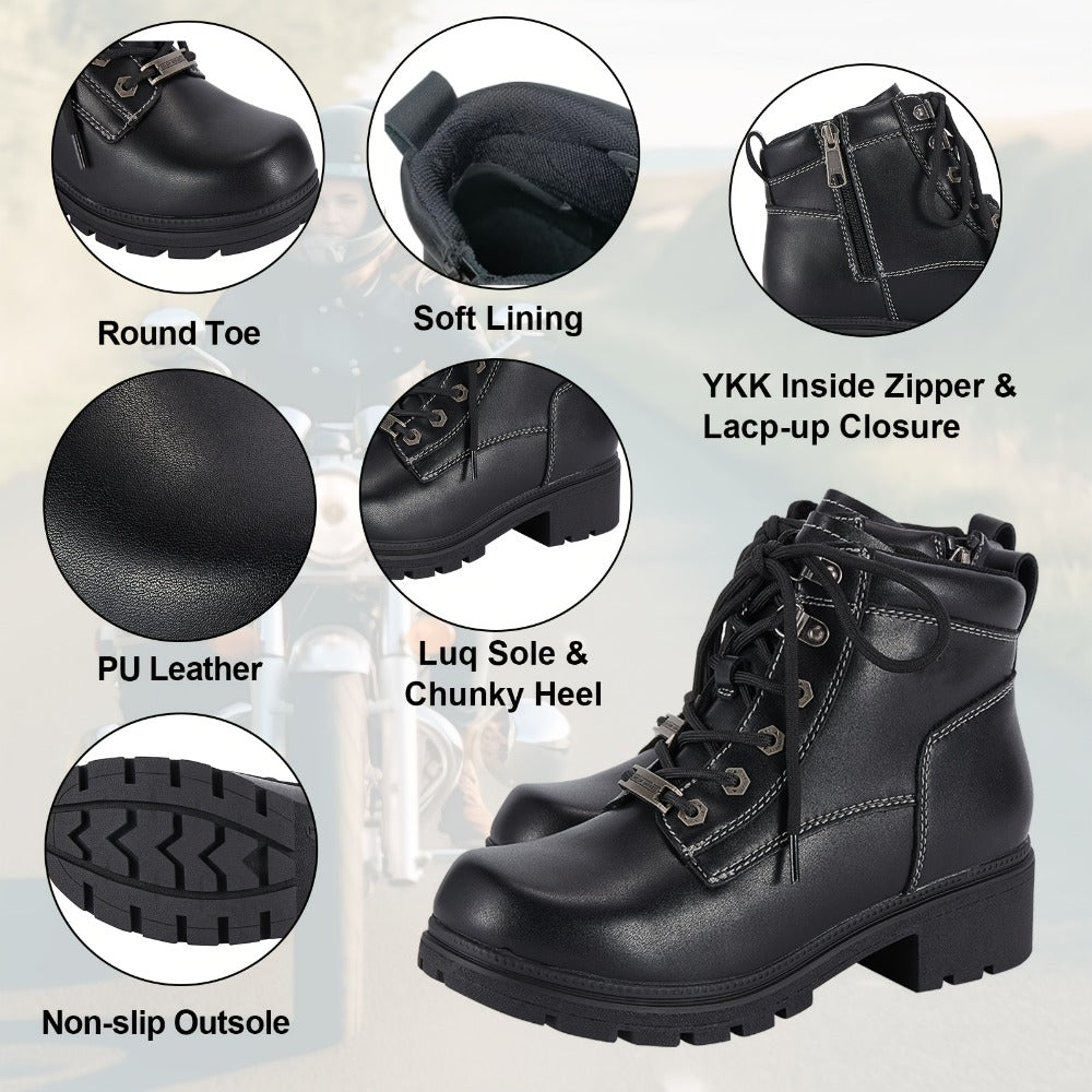 Women's Motorcycle Riding Boots, Low Heel Lace-Up Ankle Booties with Side Zipper, Non-Slip Rubber Sole Biker Combat Boots in Black Faux Leather, All-Season, US Sizes 6–11