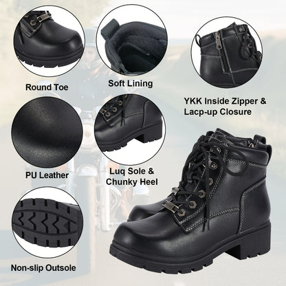 Women's Motorcycle Riding Boots, Low Heel Lace-Up Ankle Booties with Side Zipper, Non-Slip Rubber Sole Biker Combat Boots in Black Faux Leather, All-Season, US Sizes 6–11