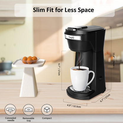 Single-Serve Coffee Maker for Pods or Grounds with 6-14oz Fill Labels, One-Button Control and Four Colors