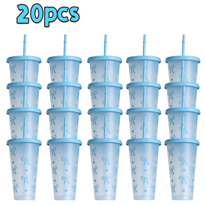 Reusable Party Cups 24 oz with Lids Straws and Dust Covers - BPA Free PP Plastic Tumblers Bulk Set 10 or 20 Pack for Parties Camping Office Gifts Pink Blue