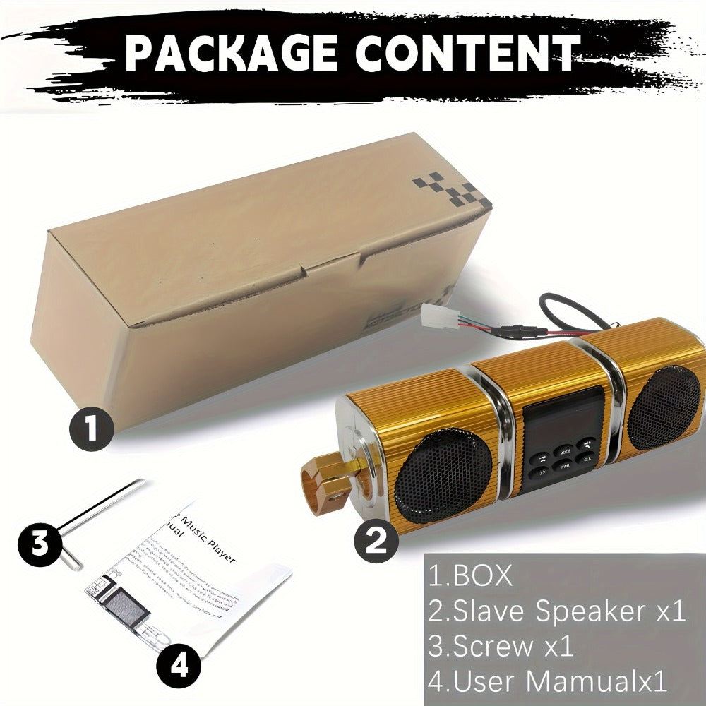 Motorcycle Bluetooth Speaker Sound Bar with Built-in Amplifier – IPX5 Waterproof, FM Radio, USB & AUX Input, 12V Metal MP3 Player for Handlebar, ATV, Scooter & Off-Road Bike