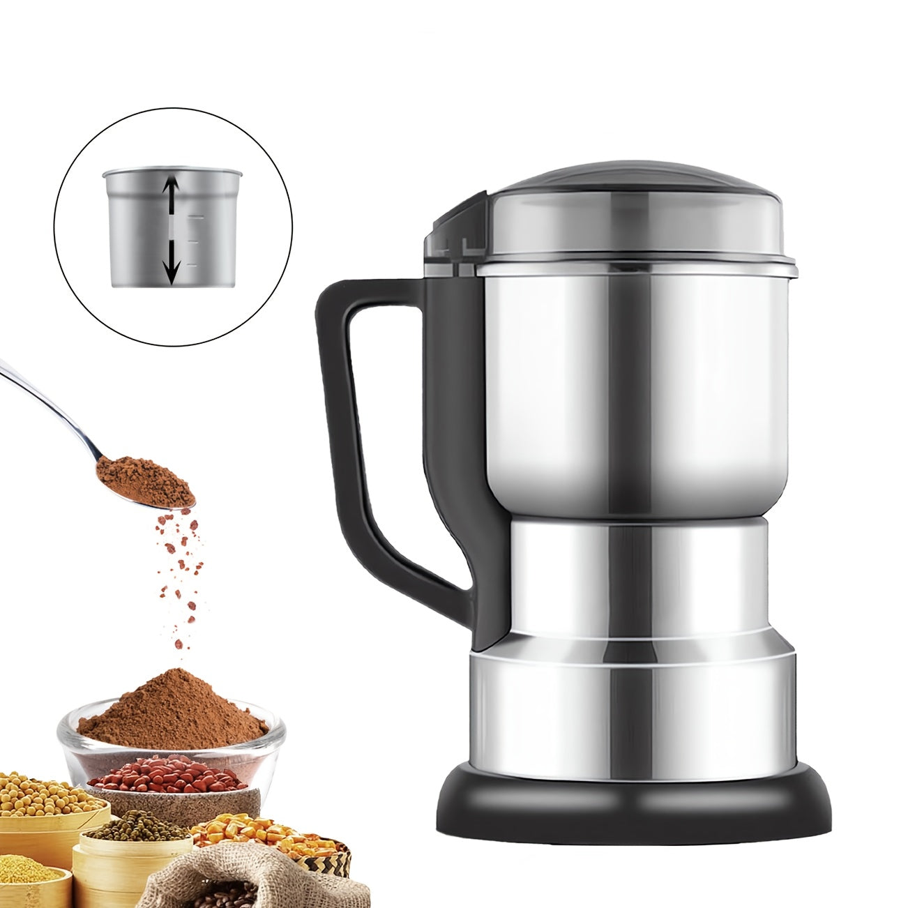 300W-Labeled Electric Coffee Grinder with Eight-Blade Assembly, 400ml Stainless Cup and Silver Finish
