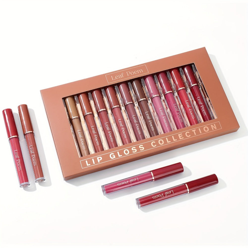 Lip Gloss Set by Leaf Poem with 12 Mixed Lip Colors, Slim Tube Applicators and Presentation Box