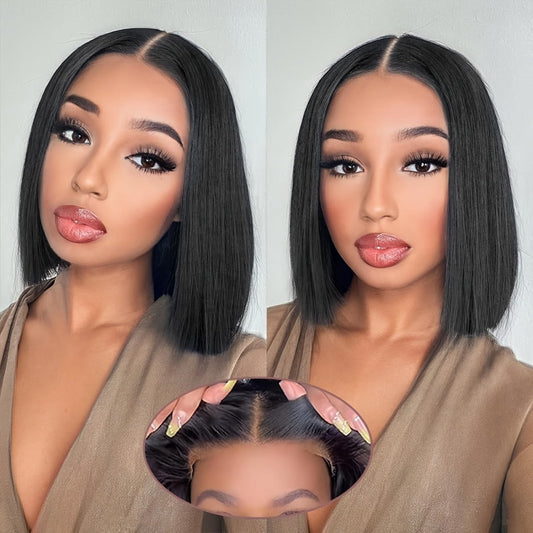 Bob Wig Human Hair 4x4 HD Lace Closure Glueless Short Straight Pre-Plucked Pre-Cut Lace Put On and Go Natural Black Natural Hairline Women 8 10 12 14 Inch Beginner Friendly