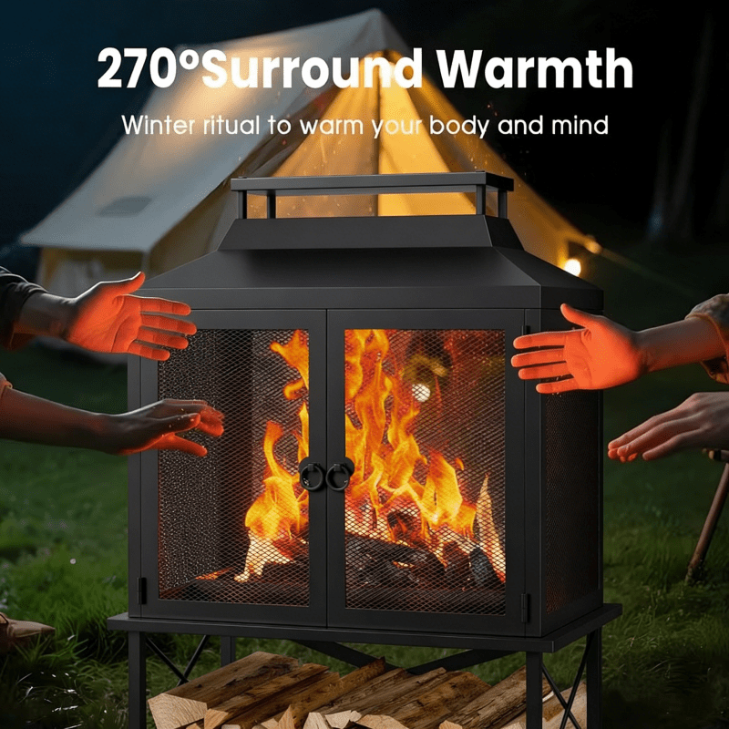 Outdoor Fireplace 39 Inch Rectangular Wood Burning Fire Pit with Grill, Spark Screen & Poker, Large Metal Patio Fireplace with Wood Storage for Garden Deck Backyard, Black