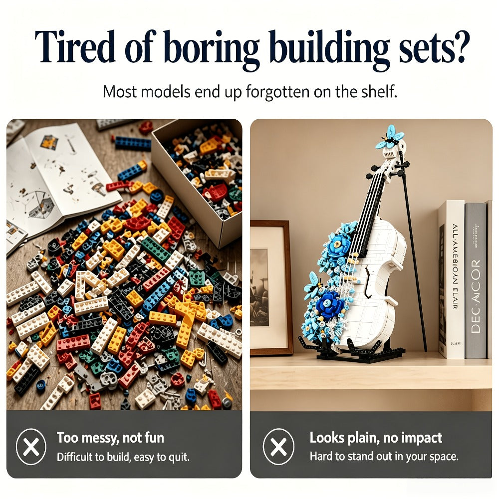 1419-Piece Flower Violin Building Block Model with Brick-Built Stand, Blue Blooms and Panel Detail