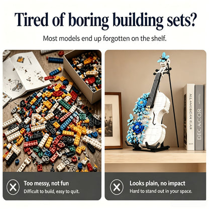 1419-Piece Flower Violin Building Block Model with Brick-Built Stand, Blue Blooms and Panel Detail