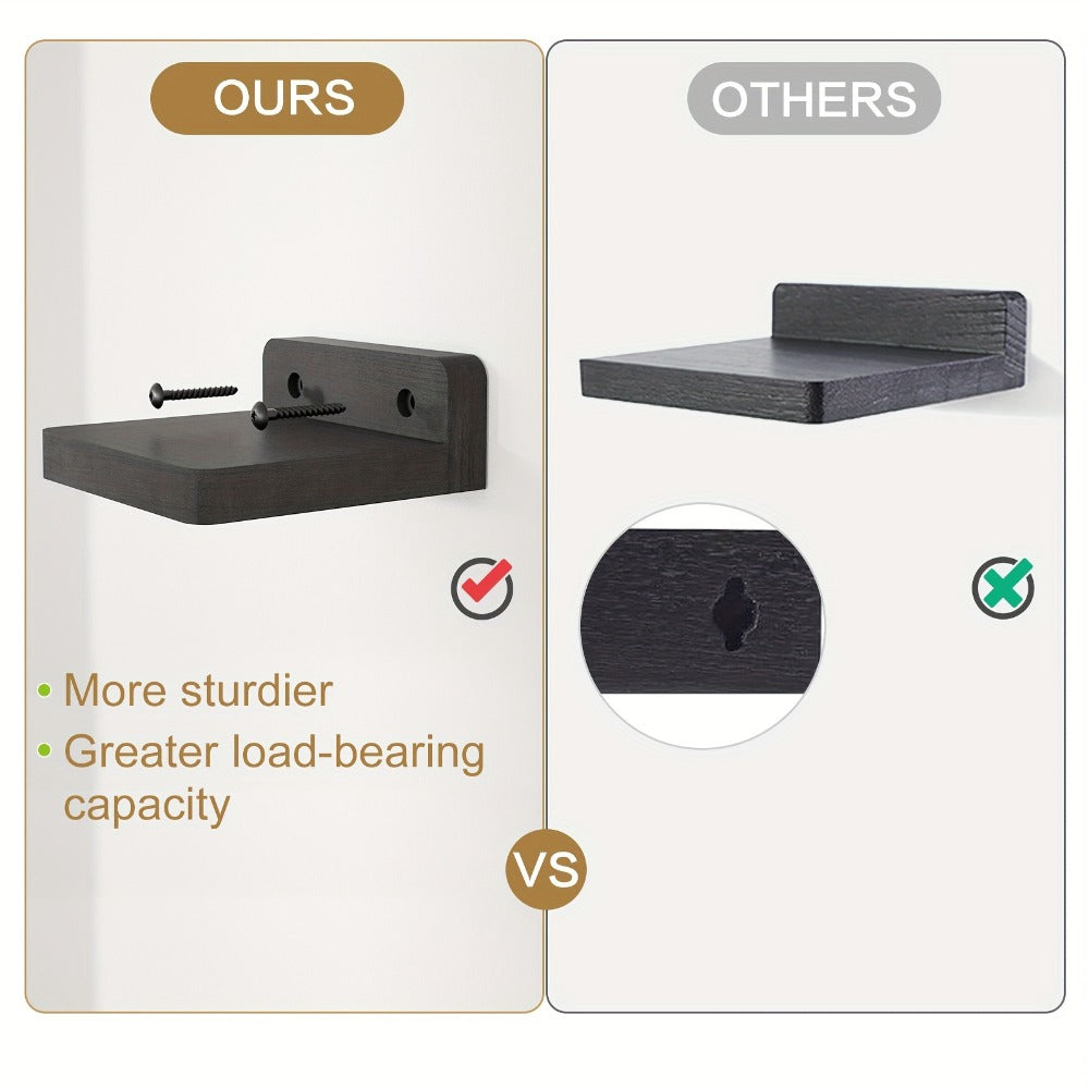 Eight-Piece 4-Inch Wall Shelf Set with Compact Square Ledges, Pure Black Finish and Mounting Hardware