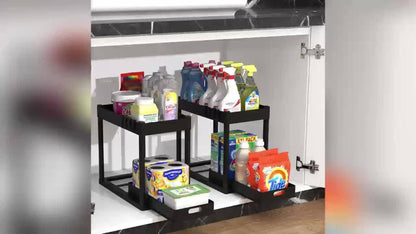 Under Sink Storage Organizer Set of 2 with Dual-Tier Sliding Baskets and 8 Hooks in Three Colors