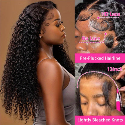 250% Density Deep Wave Wig 13x4 HD Lace Front Human Hair Glueless Wear and Go – Pre-Plucked Pre-Cut Natural Black Long Curly Wig for Women 28 34 Inch Beginner Friendly Protective Style
