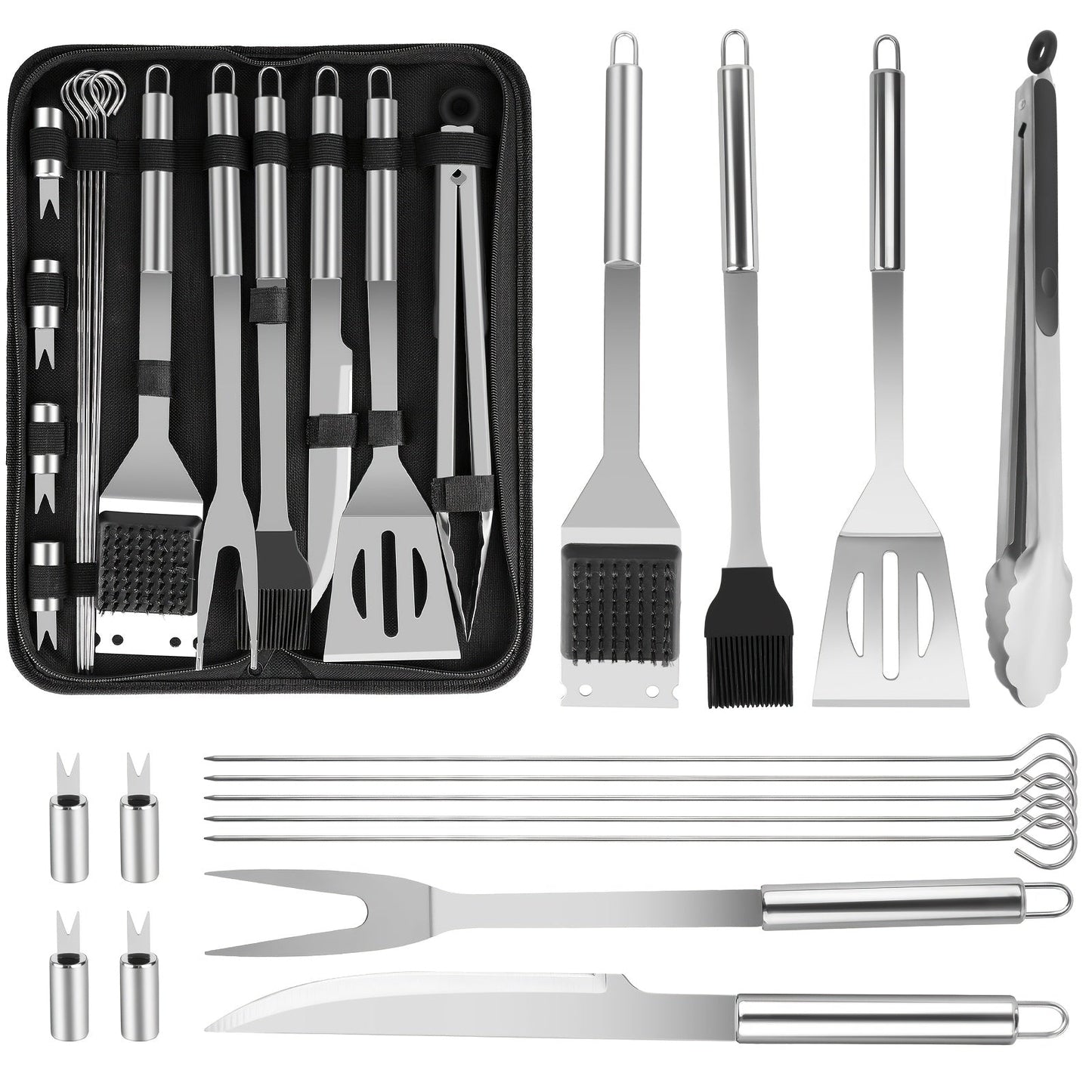 15- or 24-Piece BBQ Tool Set with Spatula, Tongs, Forks, Skewers, Brushes and Carry Case Pictured