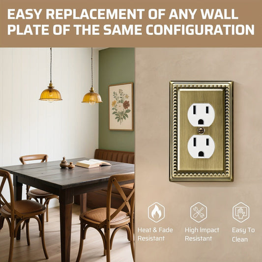 Decorative Wall Plate Outlet Cover 4-Pack – Vintage Antique Brass Metal Duplex Outlet & Light Switch Cover Plates 4.92x3.14in with Sunken Pearl Beaded Border for Home Kitchen Bathroom Office