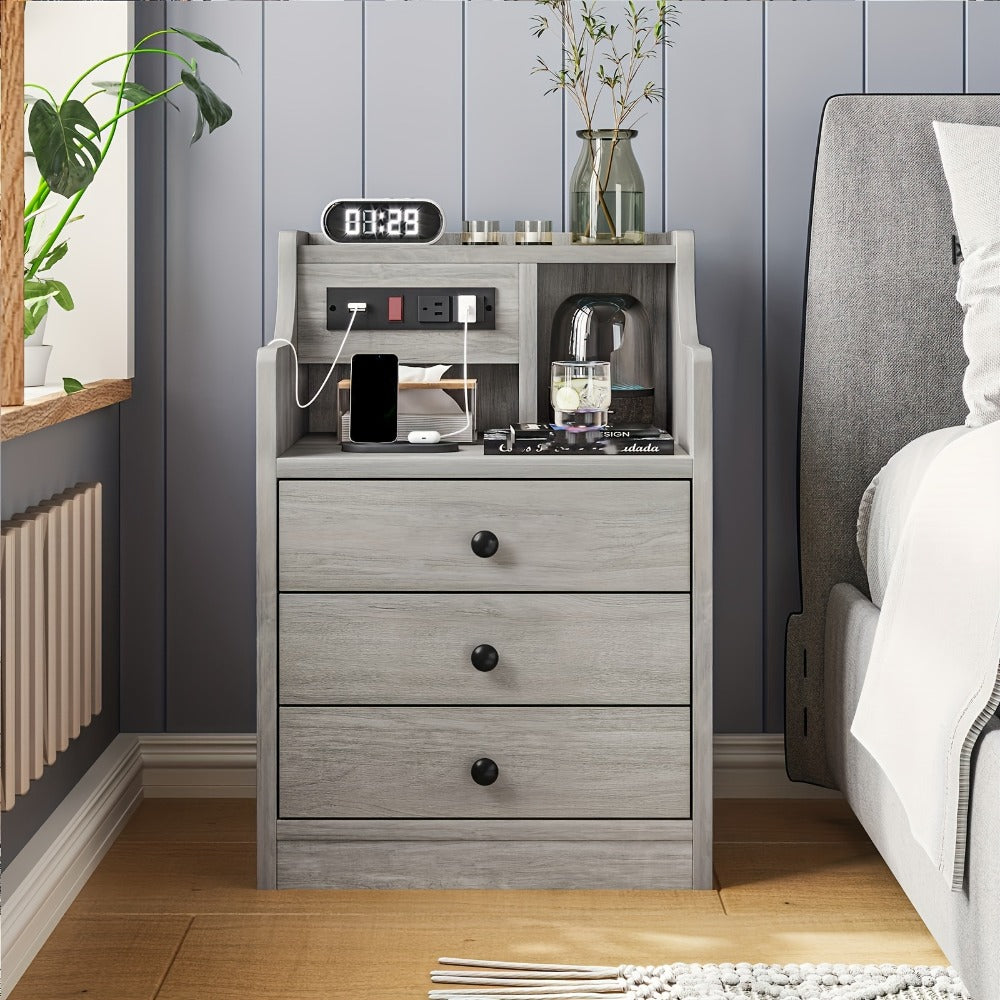 Nightstand 3-Drawer Hutch with Two AC Outlets, Two USB Ports and Gray or White Bedroom Finish