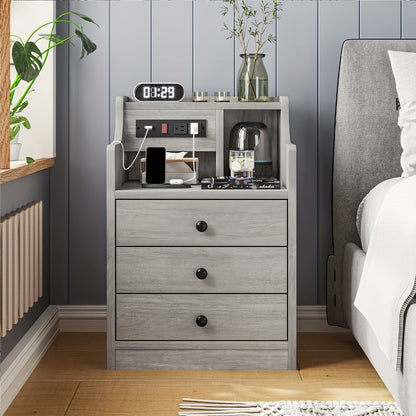 Nightstand 3-Drawer Hutch with Two AC Outlets, Two USB Ports and Gray or White Bedroom Finish