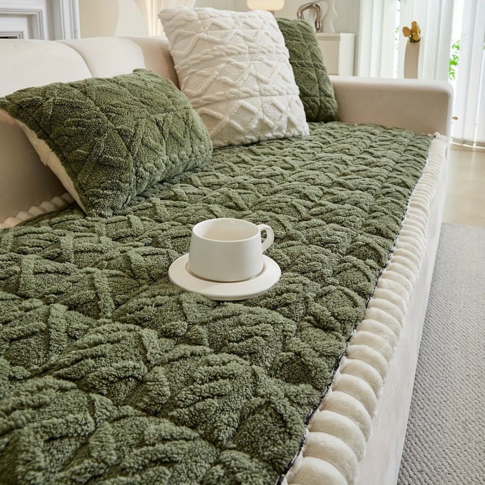 Bohemian Quilted Sofa Cover with Ruffles - 300GSM Shu Velveteen Anti-Slip Pet Friendly Machine Washable Plush Slipcover for Loveseat 3-4 Seater Sectional Sofa, 5 Colors