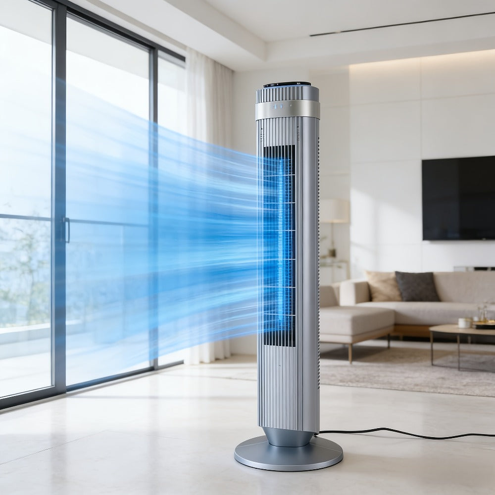 Floor-Standing Tower Fan with Circular LED Display, 7.68-Inch Base and Black, White or Gray Finish