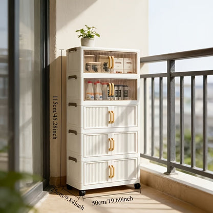 Foldable Plastic Storage Cabinet with Clear Ribbed Doors, Wheels and Large 1-, 3- or 5-Layer Options