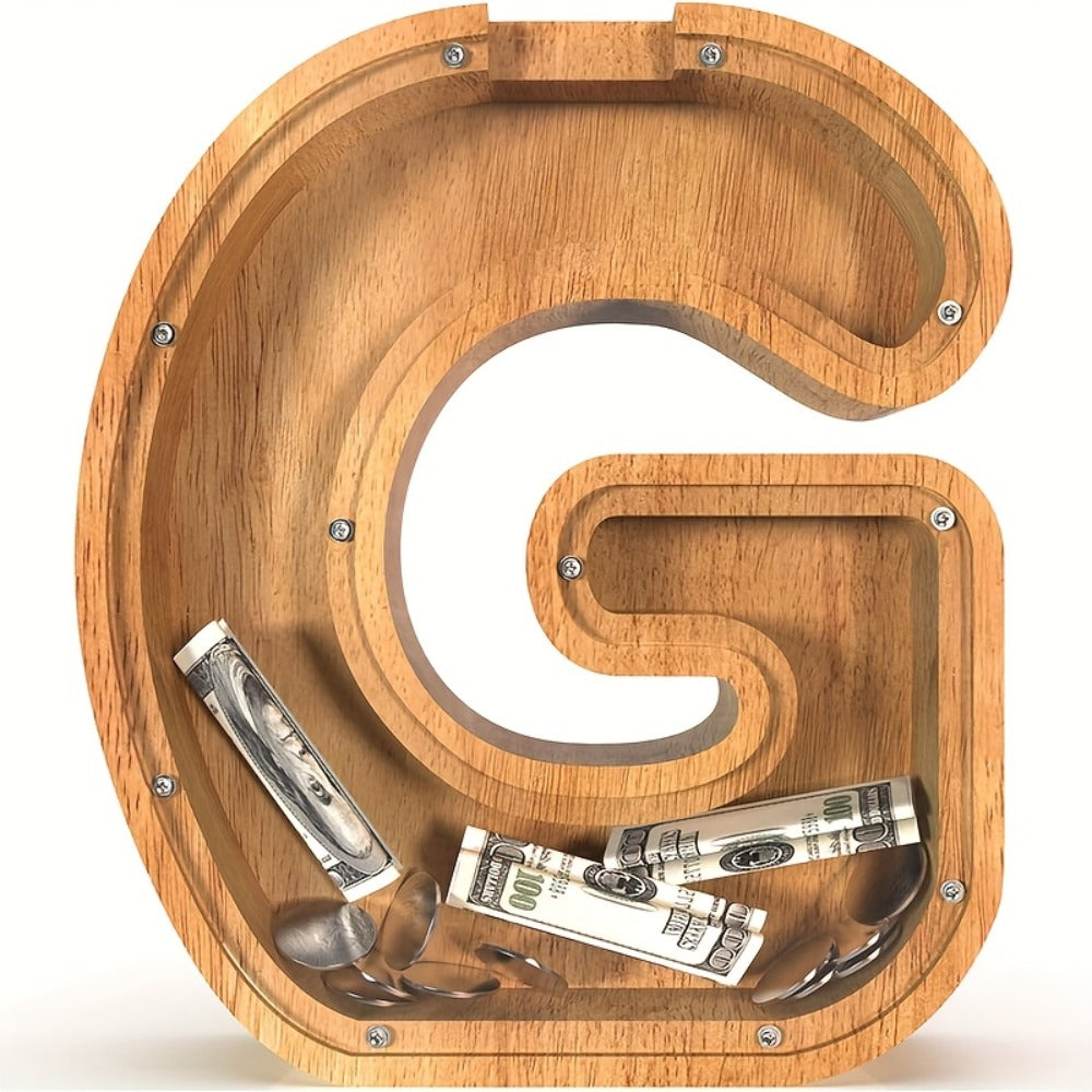 Wooden Alphabet Letter Coin Bank with Clear Front Panel and 23 Fixed Initial Options for Display
